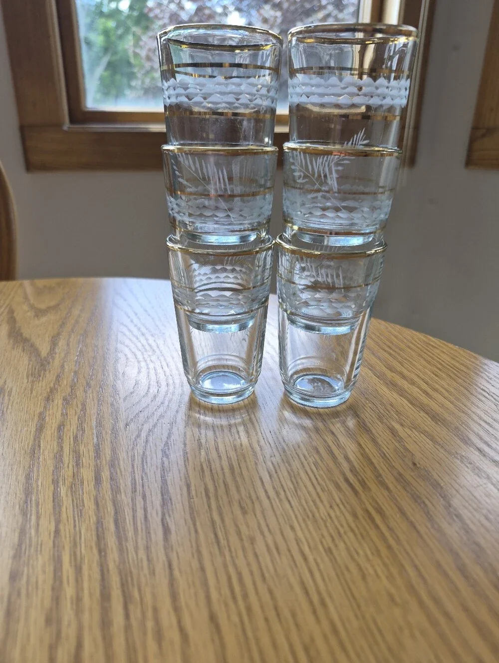 Vtg 1960 Etched Glass Juice Glasses Set of 6 Gold Rim Wheat Pattern Tumblers 4oz